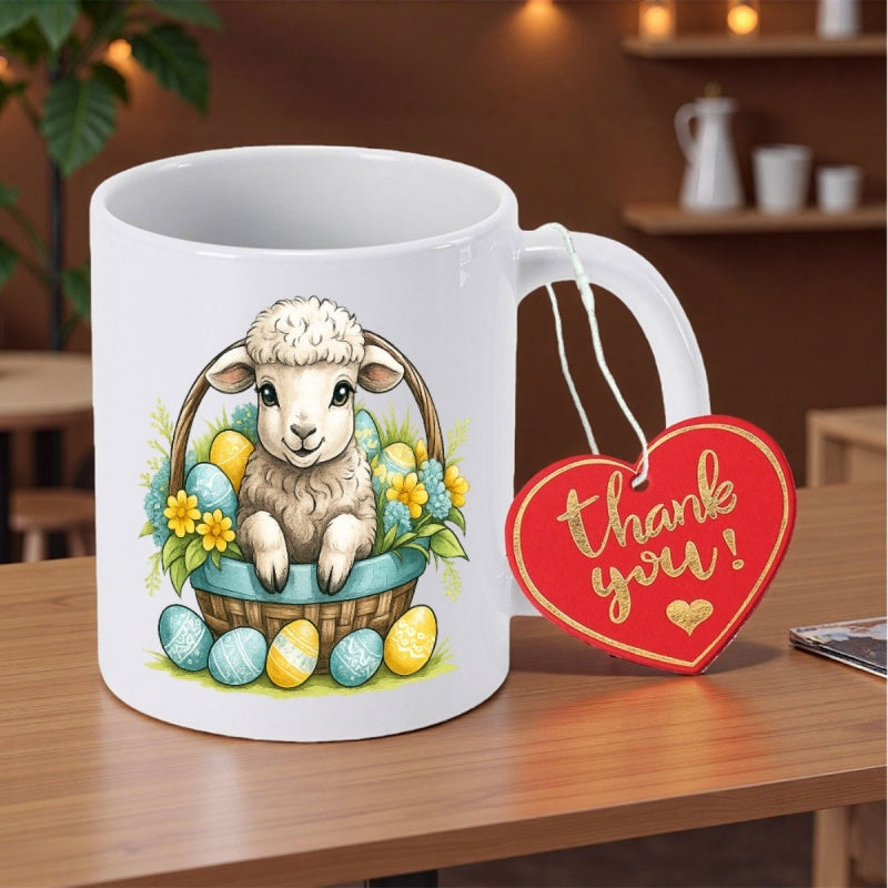 Tailorly White Ceramic 11 oz Mug - Thank You Adorable Little Lamb Resting Within A Decorative Floral Easter Basket Lamb