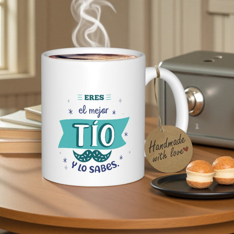 Tailorly White Ceramic 11 oz Mug - Handmade With Love Featuring Decorative Teal Banner And Stylish Mustache Illustration Mug