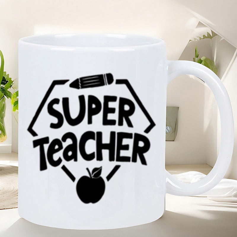 Tailorly White Ceramic 11 oz Mug - Super Teacher Minimalist Black School Icons With A Pencil And Apple Inside Hexagon Design