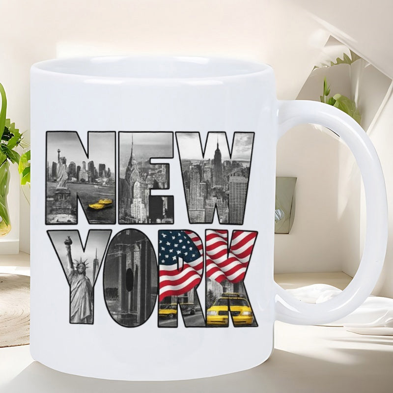 Tailorly White Ceramic 11 oz Mug - New York Statue Of Liberty And Empire State Building Within Iconic Skyline