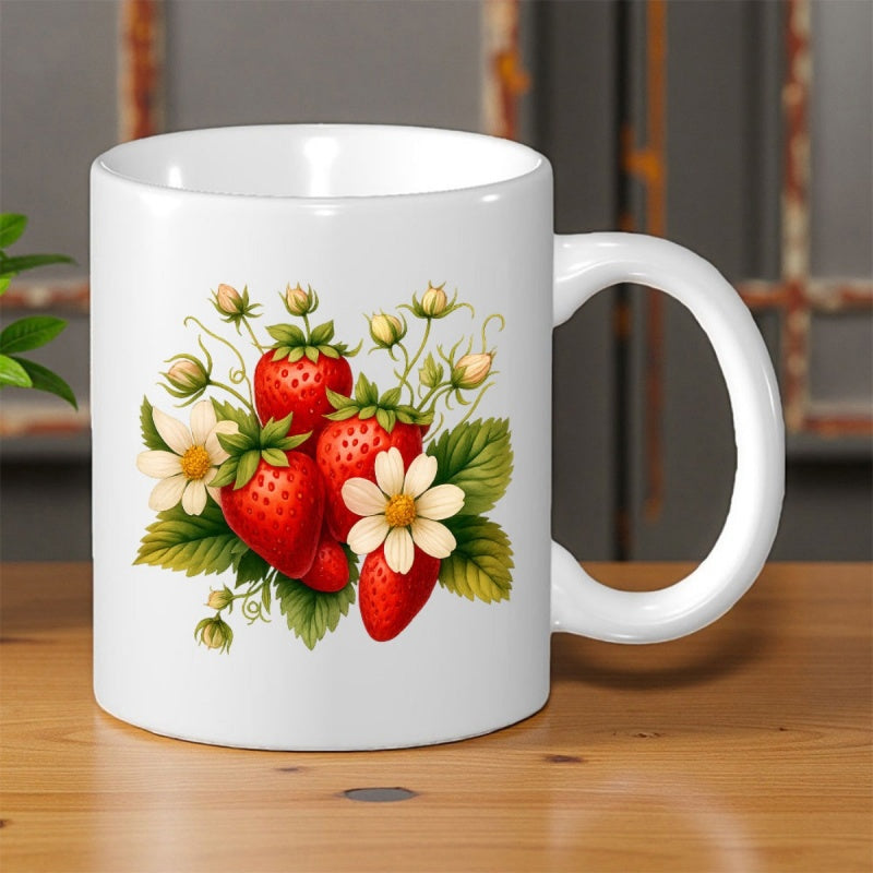 Tailorly White Ceramic 11 oz Mug - Lush Red Ripe Strawberries With White Blossoms And Vibrant Green Leaves Strawberry