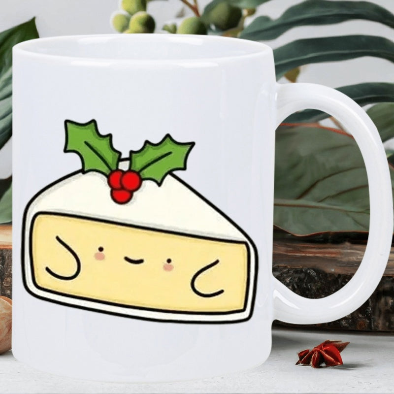 Tailorly White Ceramic 11 oz Mug - Smiling Cartoon Style Cheese Wedge With Green Holly Leaves And Berries Cake