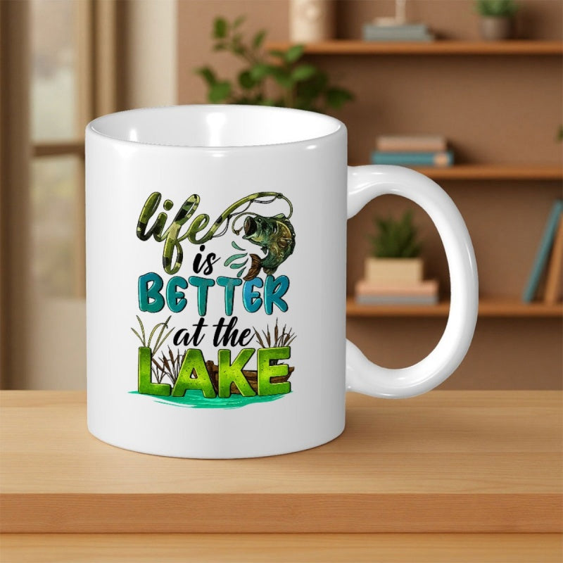 Tailorly White Ceramic 11 oz Mug - Life Is Better At The Lake Majestic Bass Leaping From Calm Water Near Tall Reeds Bass