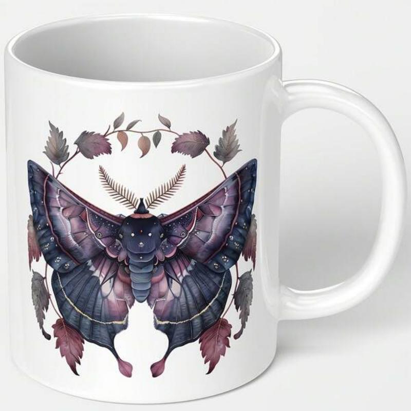 Tailorly White Ceramic 11 oz Mug - Mystical Dark Purple Winged Creature Fluttering Among Delicate Autumn Leaves Moth