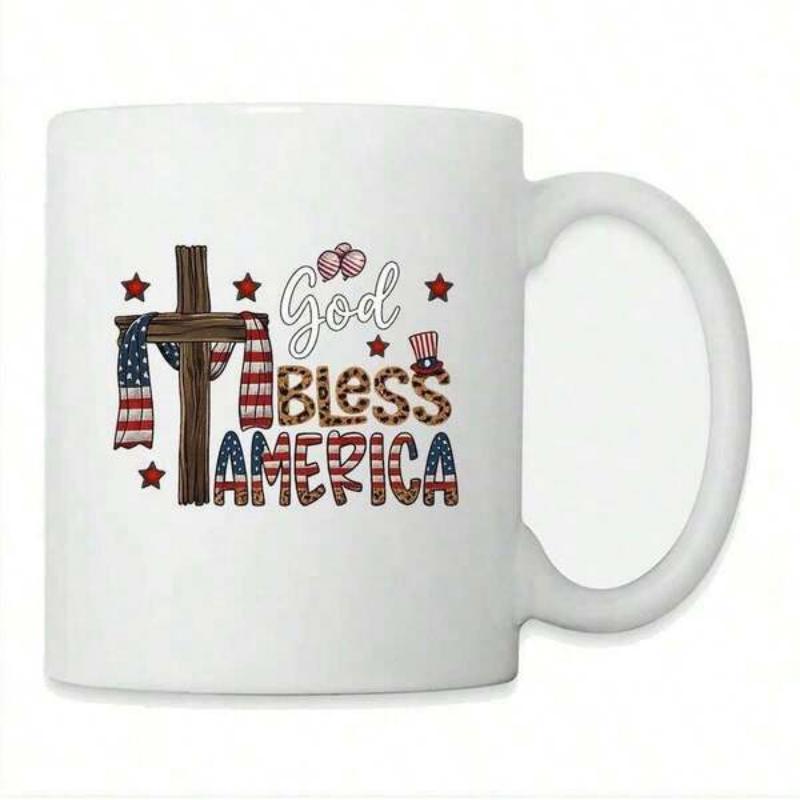 Tailorly White Ceramic 11 oz Mug - God Bless America Patriotic Wooden Cross Draped With American Flag Stars And Decorative Hat Mug