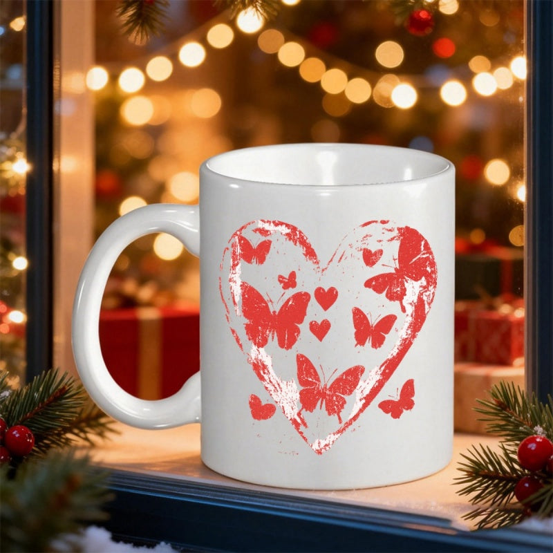 Tailorly White Ceramic 11 oz Mug - Red Distressed Silhouette Filled With Fluttering Butterflies And Smaller Hearts Heart