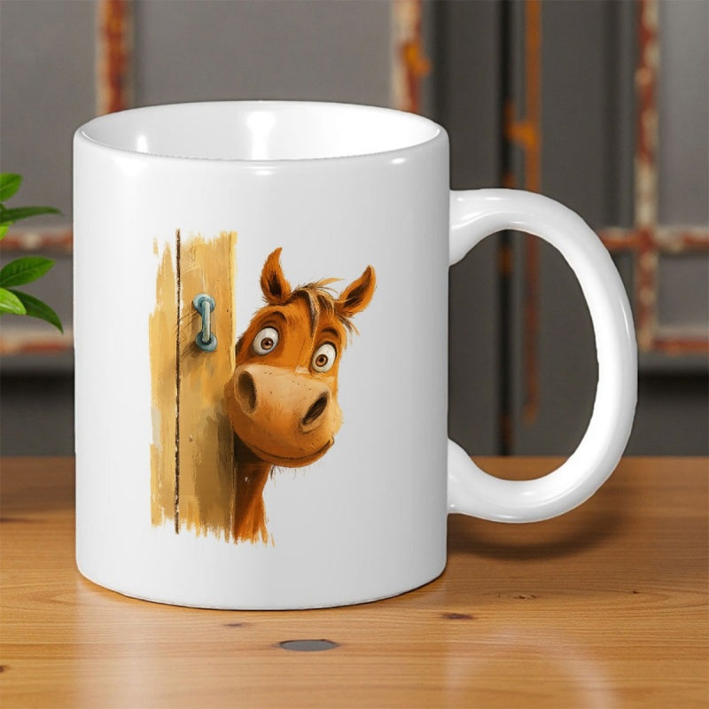 Tailorly White Ceramic 11 oz Mug - Playful Animated Creature Peeking From Behind A Weathered Wooden Barn Door Horse