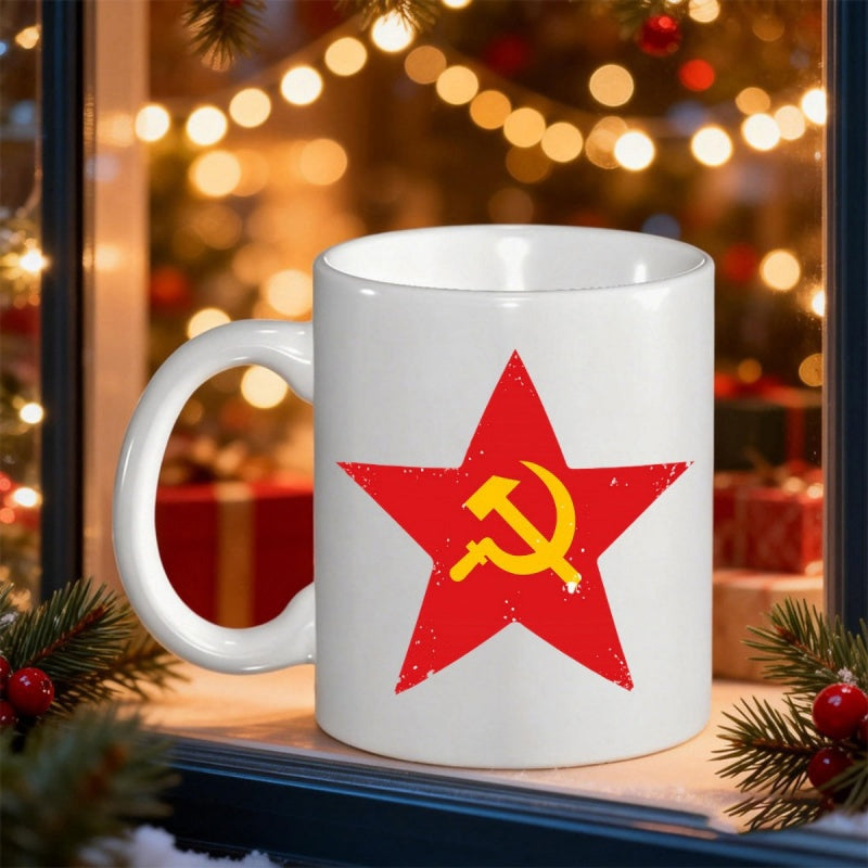 Tailorly White Ceramic 11 oz Mug - Distressed Red Star With Yellow Hammer And Sickle