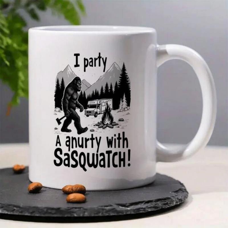 Tailorly White Ceramic 11 oz Mug - I Party A Party With Sasquatch Walking Through Pine Trees Near Camper Van And Mountainous Wilderness View Sasquatch