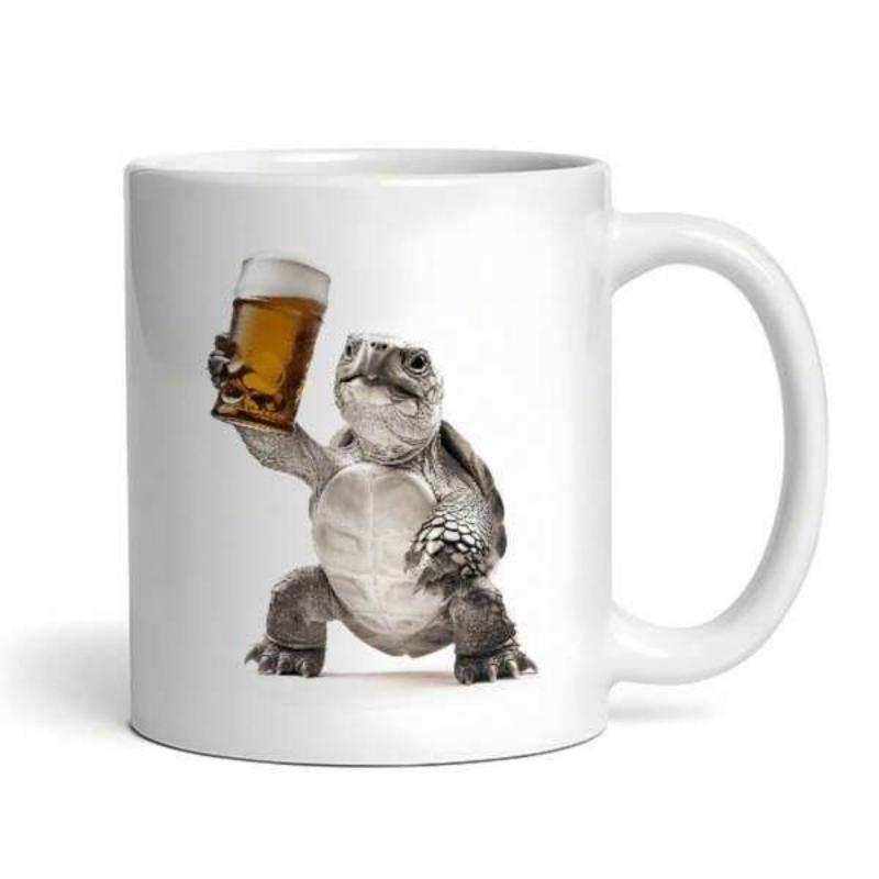 Tailorly White Ceramic 11 oz Mug - Funny Realistic Turtle Raising A Frothy Glass Of Cold Amber Beer Turtle
