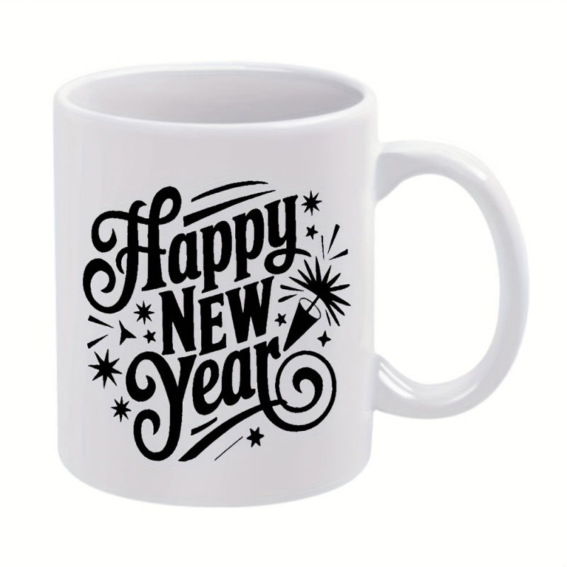 Tailorly White Ceramic 11 oz Mug - Happy New Year Festive Celebration Elements With Twinkling Stars And Decorative Party Popper Mug
