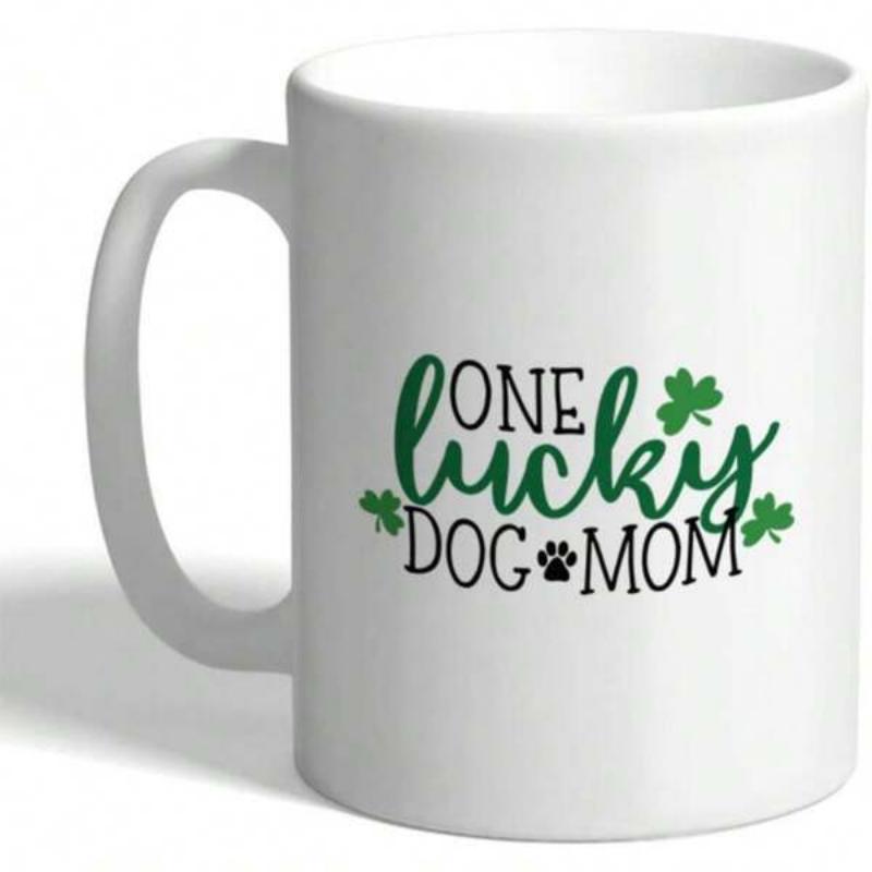 Tailorly White Ceramic 11 oz Mug - One Lucky Dog Mom Elegant White Ceramic Featuring Green Shamrocks And Small Paw Print Mug