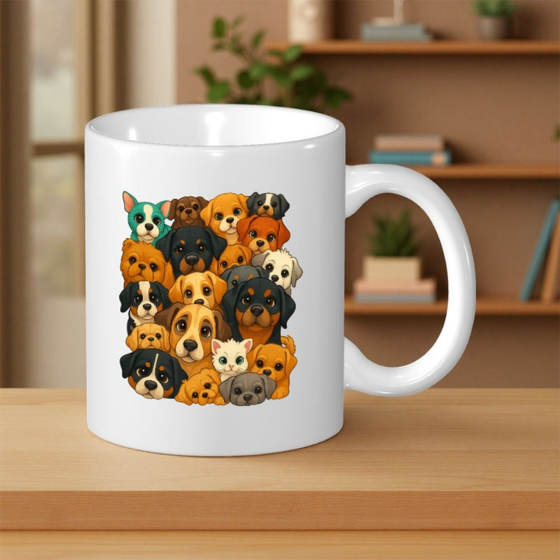 Tailorly White Ceramic 11 oz Mug - Cute Collection Of Various Puppy Breeds Smiling Together In A Cluster Dogs