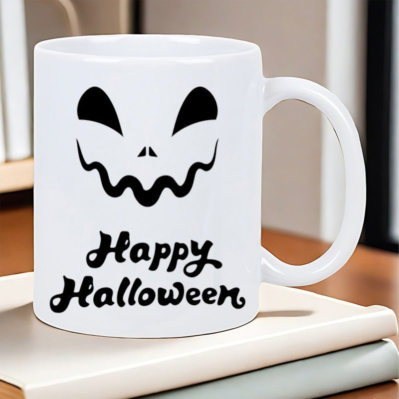 Tailorly White Ceramic 11 oz Mug - Happy Halloween Spooky Grinning Jack O Lantern Design For Autumn Seasonal Festive Celebration Pumpkin