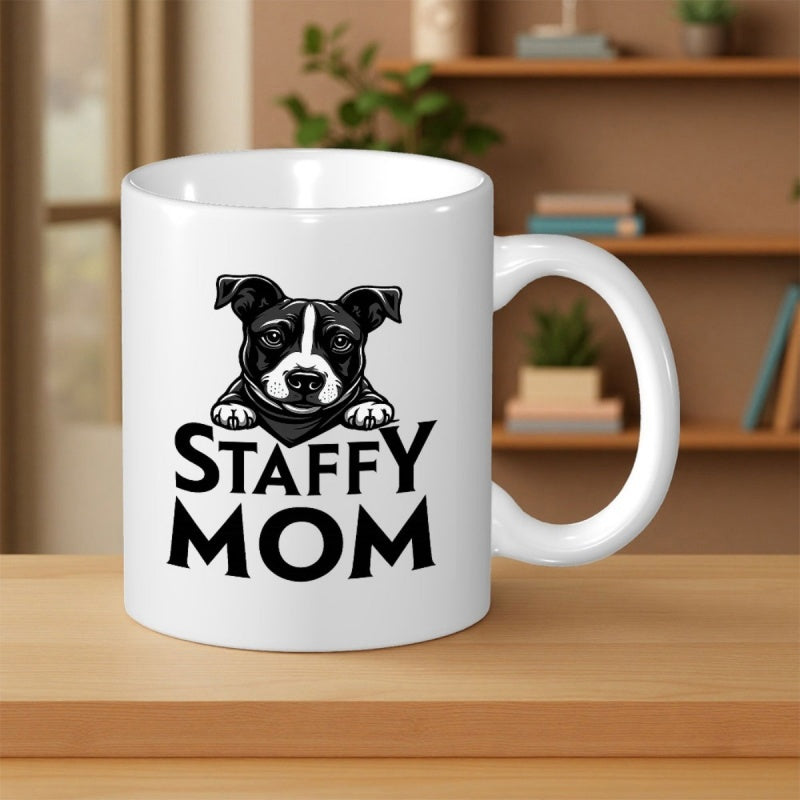 Tailorly White Ceramic 11 oz Mug - Staffy Mom Minimalist Black And White Illustration Of A Peeking Puppy Dog