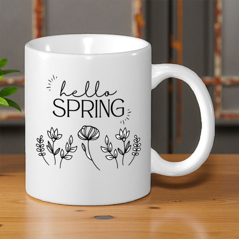 Tailorly White Ceramic 11 oz Mug - Hello Spring Delicate Hand Drawn Minimalist Black Line Art Garden Illustrations Flower