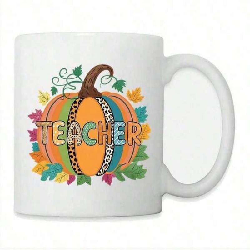 Tailorly White Ceramic 11 oz Mug - Teacher Colorful Leopard Print Stripes Among Falling Autumn Foliage Pumpkin