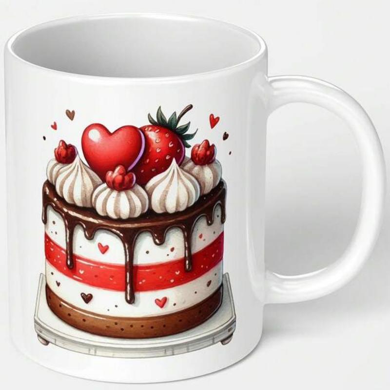 Tailorly White Ceramic 11 oz Mug - Creamy Chocolate Layered Cake With Red Hearts And Sweet Fresh Strawberry Cake