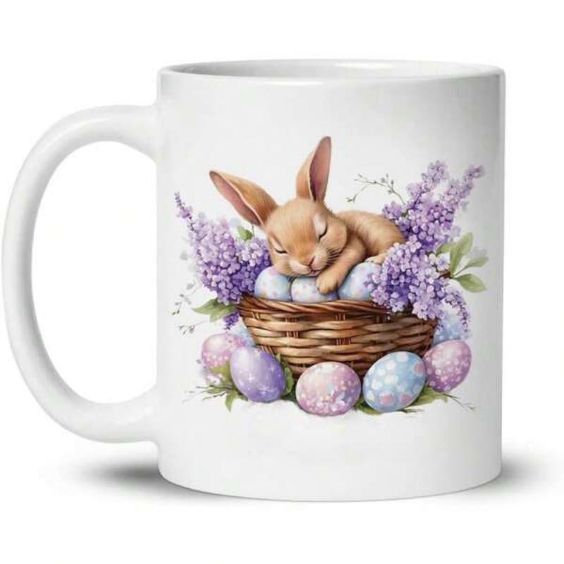 Tailorly White Ceramic 11 oz Mug - Adorable Sleeping Bunny Resting Inside Woven Basket Among Colorful Pastel Easter Eggs Rabbit