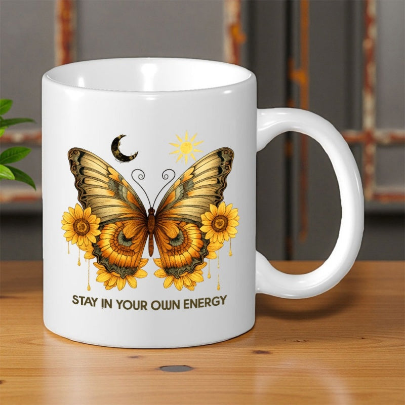 Tailorly White Ceramic 11 oz Mug - Stay In Your Own Energy Detailed Vintage Style Surrounded By Sunflowers Moon And Sun Butterfly