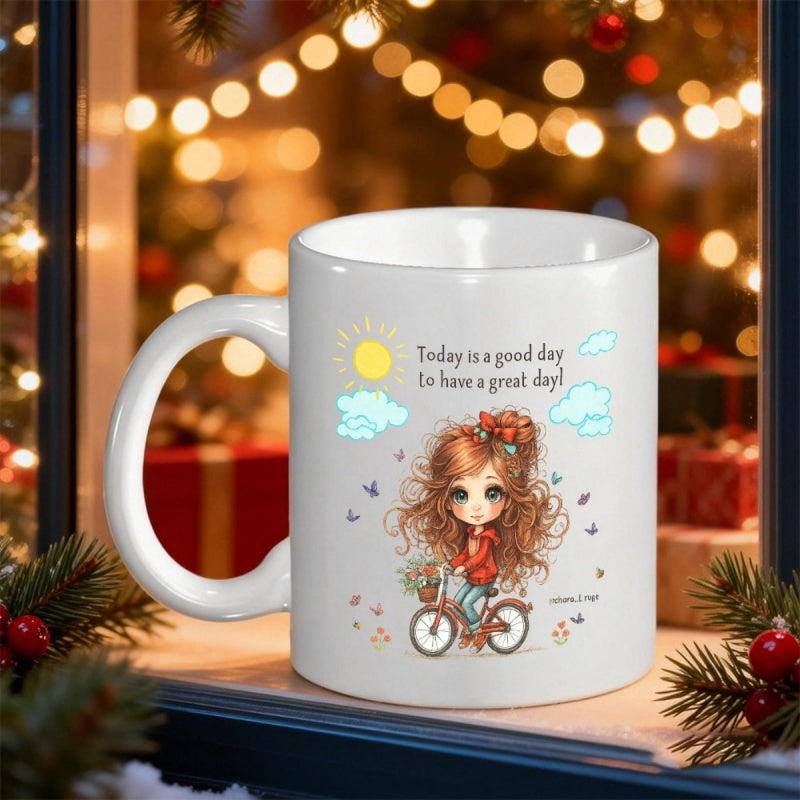 Tailorly White Ceramic 11 oz Mug - Today Is A Good Day To Have A Great Day Charming Girl Riding A Bicycle Under A Sunny Sky With Soft Clouds Girl