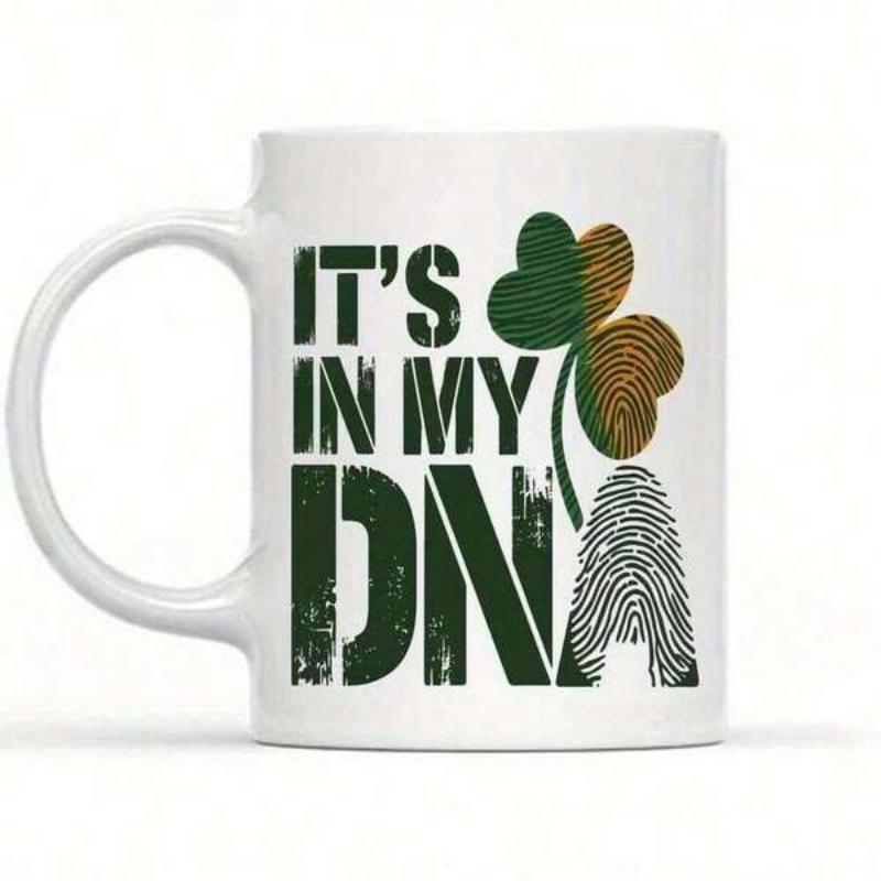 Tailorly White Ceramic 11 oz Mug - Its In My DNA Textured Shamrock Featuring Green And Orange Fingerprint Patterns Representing Heritage Shamrock
