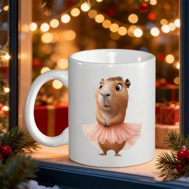 Tailorly White Ceramic 11 oz Mug - Charming Animal Wearing A Soft Pink Ballet Tutu Standing Gracefully Capybara