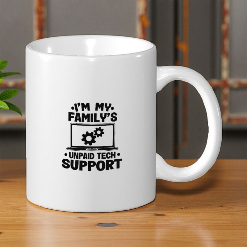 Tailorly White Ceramic 11 oz Mug - I'm My Family's Unpaid Tech Support Minimalist Digital Screen Featuring Interlocking Mechanical Cogs Modern Computer Laptop