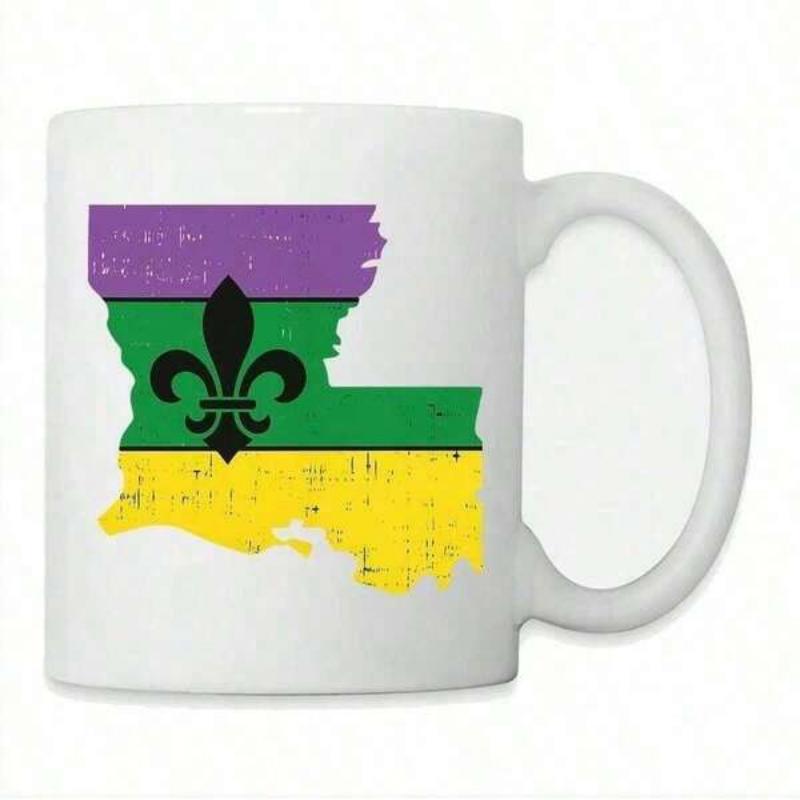 Tailorly White Ceramic 11 oz Mug - Distressed Mardi Gras Purple Green Gold Silhouette With Black Fleur De Lis Louisiana