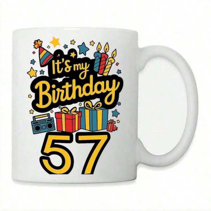 Tailorly White Ceramic 11 oz Mug - Its My Birthday Colorful Party Hat With Wrapped Gifts And Candles Among Shining Stars Celebration