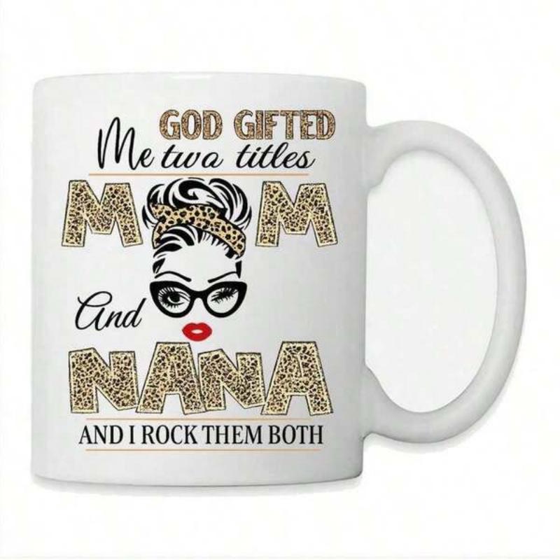 Tailorly White Ceramic 11 oz Mug - God Gifted Me Two Titles Mom And Nana And I Rock Them Both Elegant Woman Silhouette Wearing Leopard Print Bandana And Chic