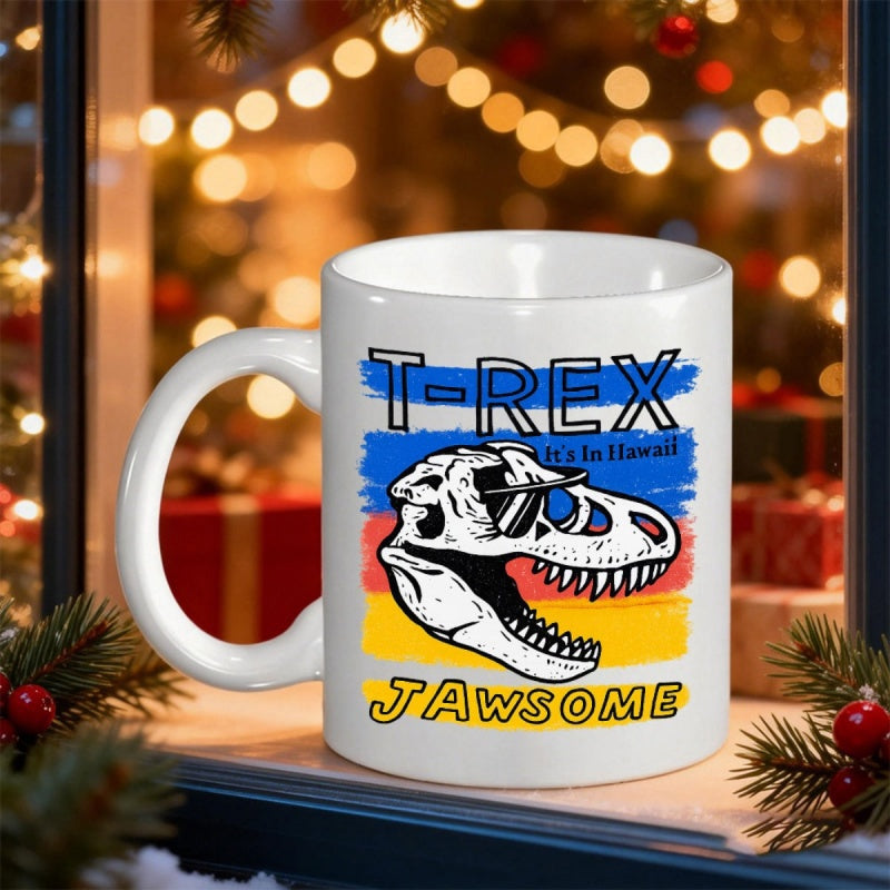 Tailorly White Ceramic 11 oz Mug - T Rex Jawsome Ancient Fossil Skull Wearing Sunglasses Over Vibrant Retro Background Dinosaur