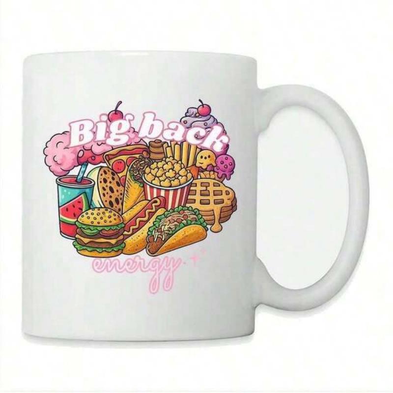 Tailorly White Ceramic 11 oz Mug - Big Back Energy Assorted Colorful Cartoon Fast Food Delights Including A Tasty Snack