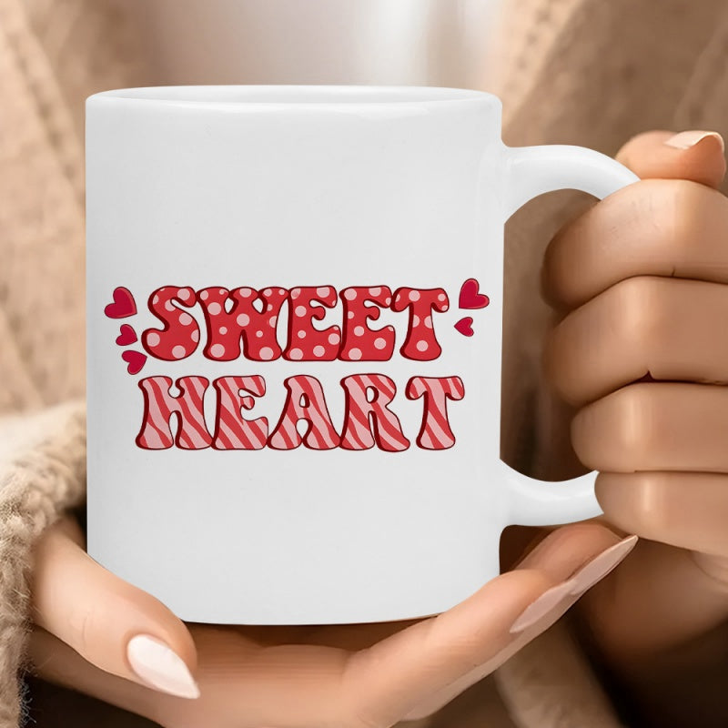 Tailorly White Ceramic 11 oz Mug - Sweet Heart Retro Bubble Lettering Surrounded By Small Red Hearts Decorative Heart