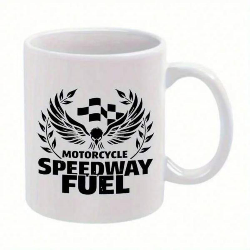Tailorly White Ceramic 11 oz Mug - Motorcycle Speedway Fuel Racing Style With Checkered Flag Wings And Laurel Wreath Emblem