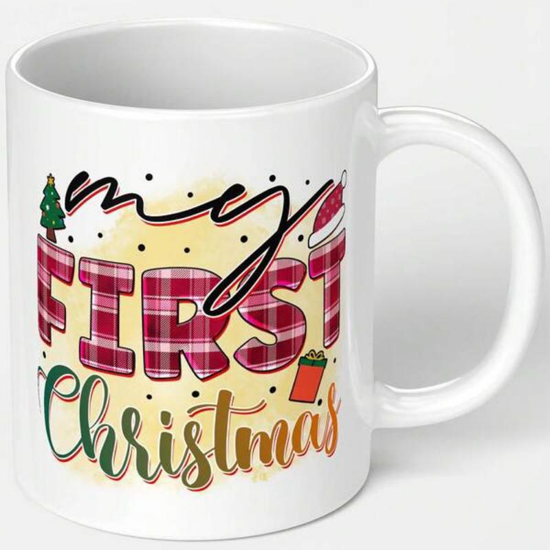 Tailorly White Ceramic 11 oz Mug - My First Christmas Festive Plaid Pattern Featuring Santa Hat And Evergreen Tree Design