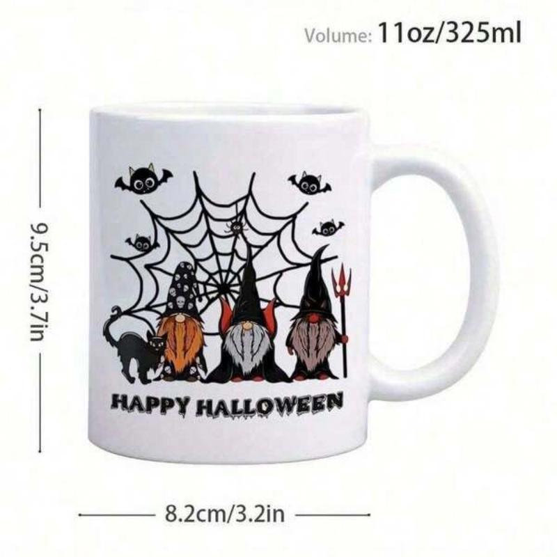 Tailorly White Ceramic 11 oz Mug - Happy Halloween Three Spooky Figures Sitting Before A Large Intricate Spider Web Gnome