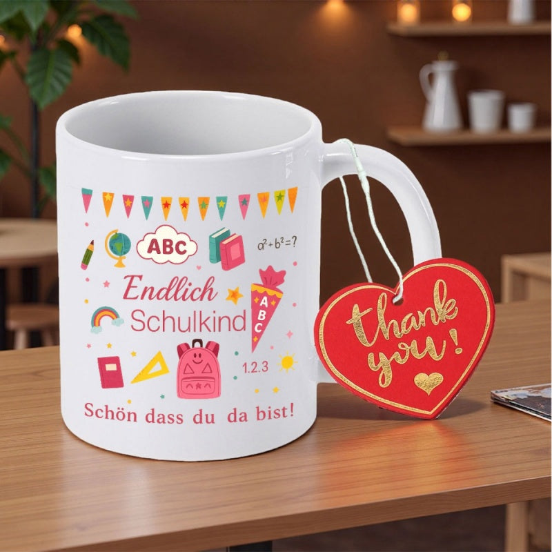 Tailorly White Ceramic 11 oz Mug - Thank You Vibrant School Themed Illustrations With Rainbow And Backpack On