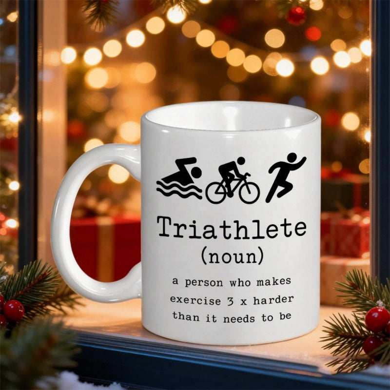 Tailorly White Ceramic 11 oz Mug - Triathlete Noun A Person Who Makes Exercise 3 X Harder Than It Needs To Be Minimalist Black Icons Depicting Swimming Cycling And