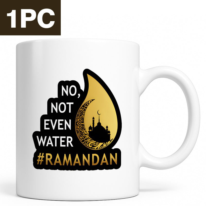 Tailorly White Ceramic 11 oz Mug - No Not Even Water Ramadan Golden Water Droplet With Silhouette Mosque And Crescent Moon Mug