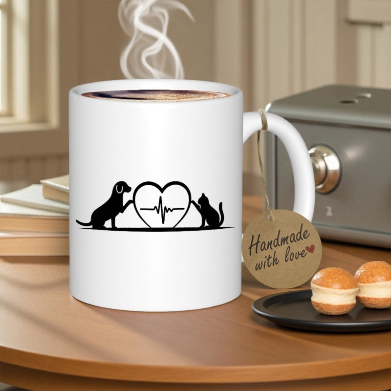 Tailorly White Ceramic 11 oz Mug - Minimalist Silhouette Of Dog And Cat Beside Heartbeat Pulse Rhythm Heart