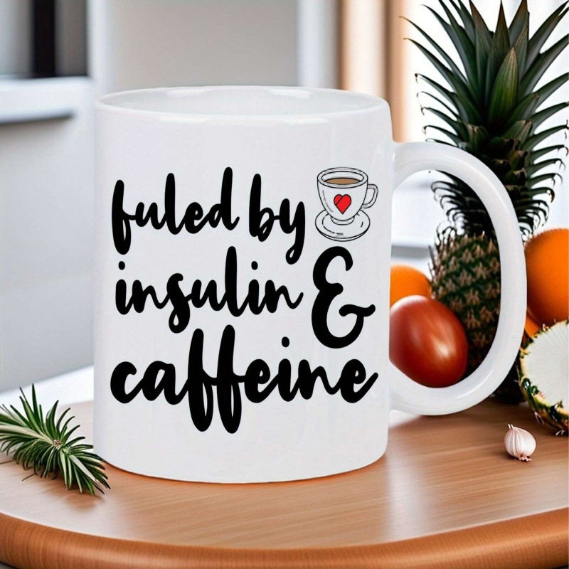Tailorly White Ceramic 11 oz Mug - Fuled By Insulin Caffeine Minimalist Line Art Sketch Of Steaming Hot Beverage In Small Cup