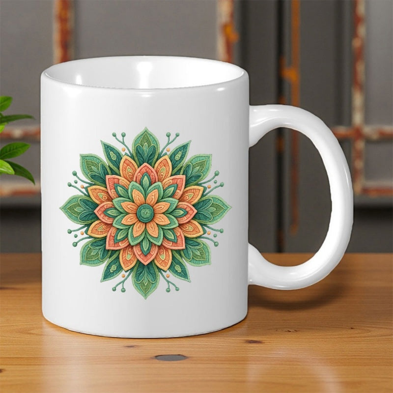 Tailorly White Ceramic 11 oz Mug - Vibrant Symmetrical Petals With Green Leaves Arranged In Artistic Circular Motion Mandala