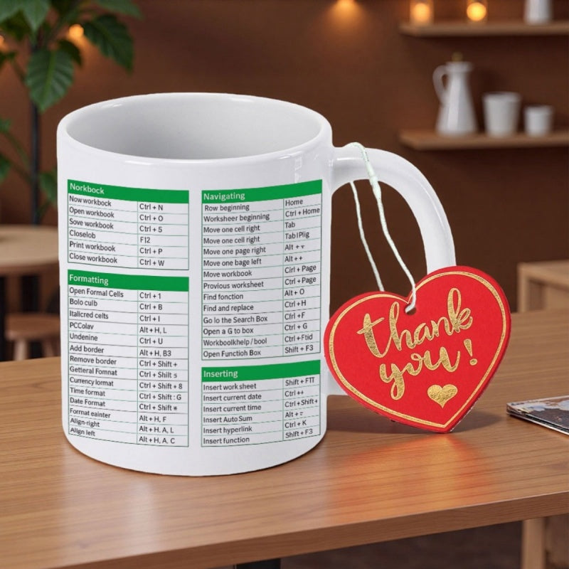 Tailorly White Ceramic 11 oz Mug - Workbook Formatting Navigating Inserting Thank You Detailed Green Table Columns Displaying Various Keyboard Shortcut Commands
