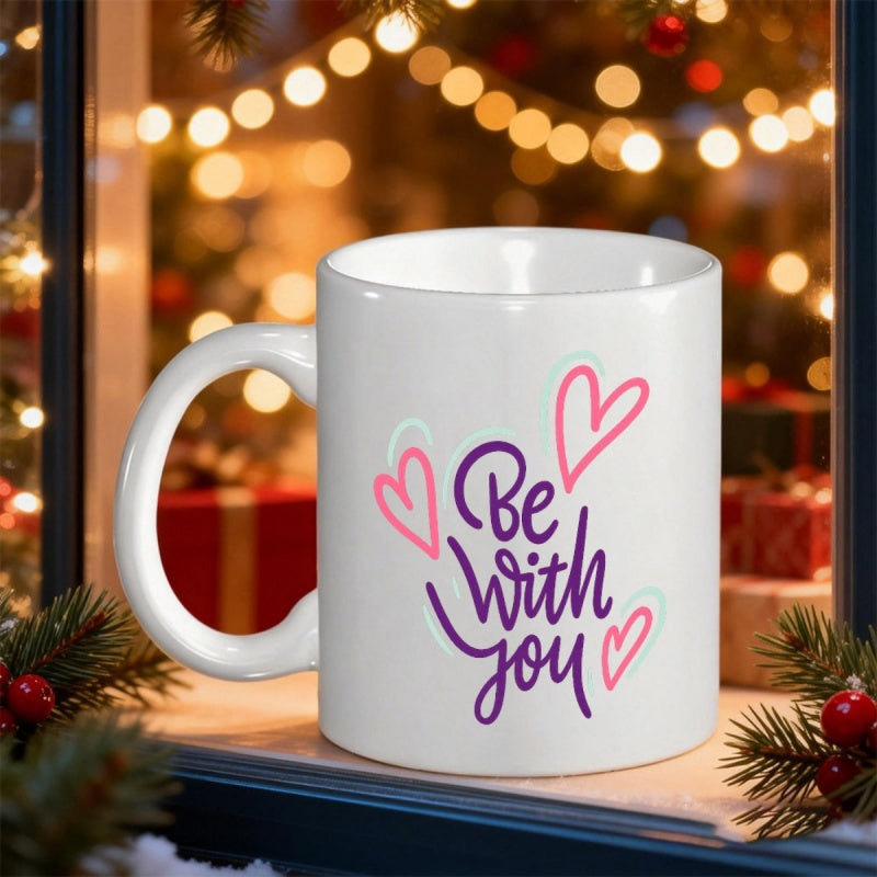 Tailorly White Ceramic 11 oz Mug - Be With You Elegant Hand Drawn Pink Hearts Floating Around Purple Script Mug