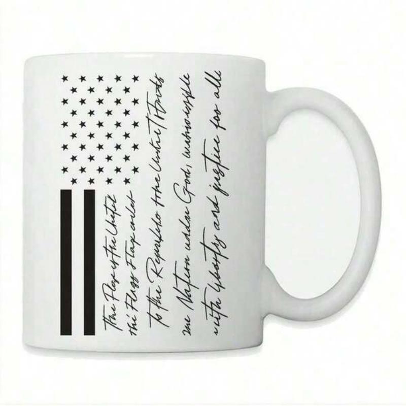 Tailorly White Ceramic 11 oz Mug - Pledge Allegiance Minimalist Black And White Patriotic Design With Stars And Stripes American Flag