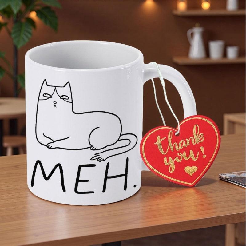 Tailorly White Ceramic 11 oz Mug - Meh Minimalist Black Line Drawing Of A Grumpy Indifferent Reclining Domestic Cat