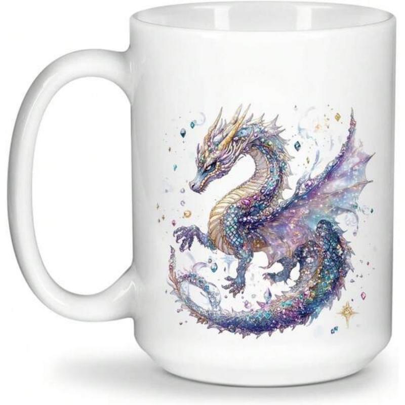 Tailorly White Ceramic 11 oz Mug - Mystical Watercolor Illustration Featuring Iridescent Scales And Shimmering Wings Floating Dragon