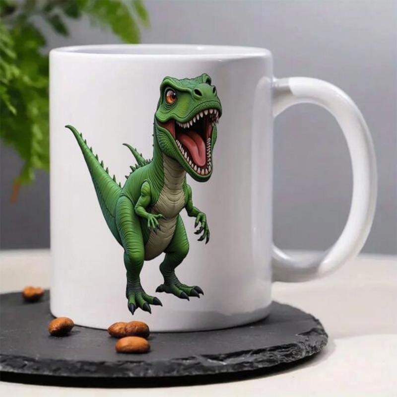 Tailorly White Ceramic 11 oz Mug - Fierce Green Cartoon Creature Roaring In A Dynamic Upright Stance Dinosaur