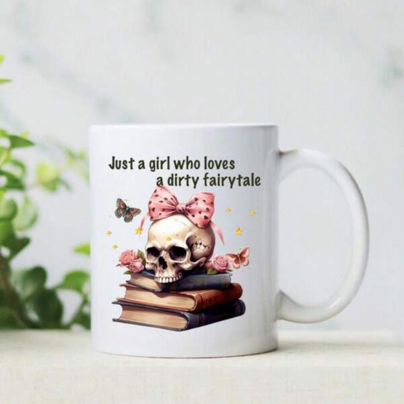 Tailorly White Ceramic 11 oz Mug - Just A Girl Who Loves A Dirty Fairytale Intricate Wearing Pink Polka Dot Bow Resting On Vintage Stacked Books Skull